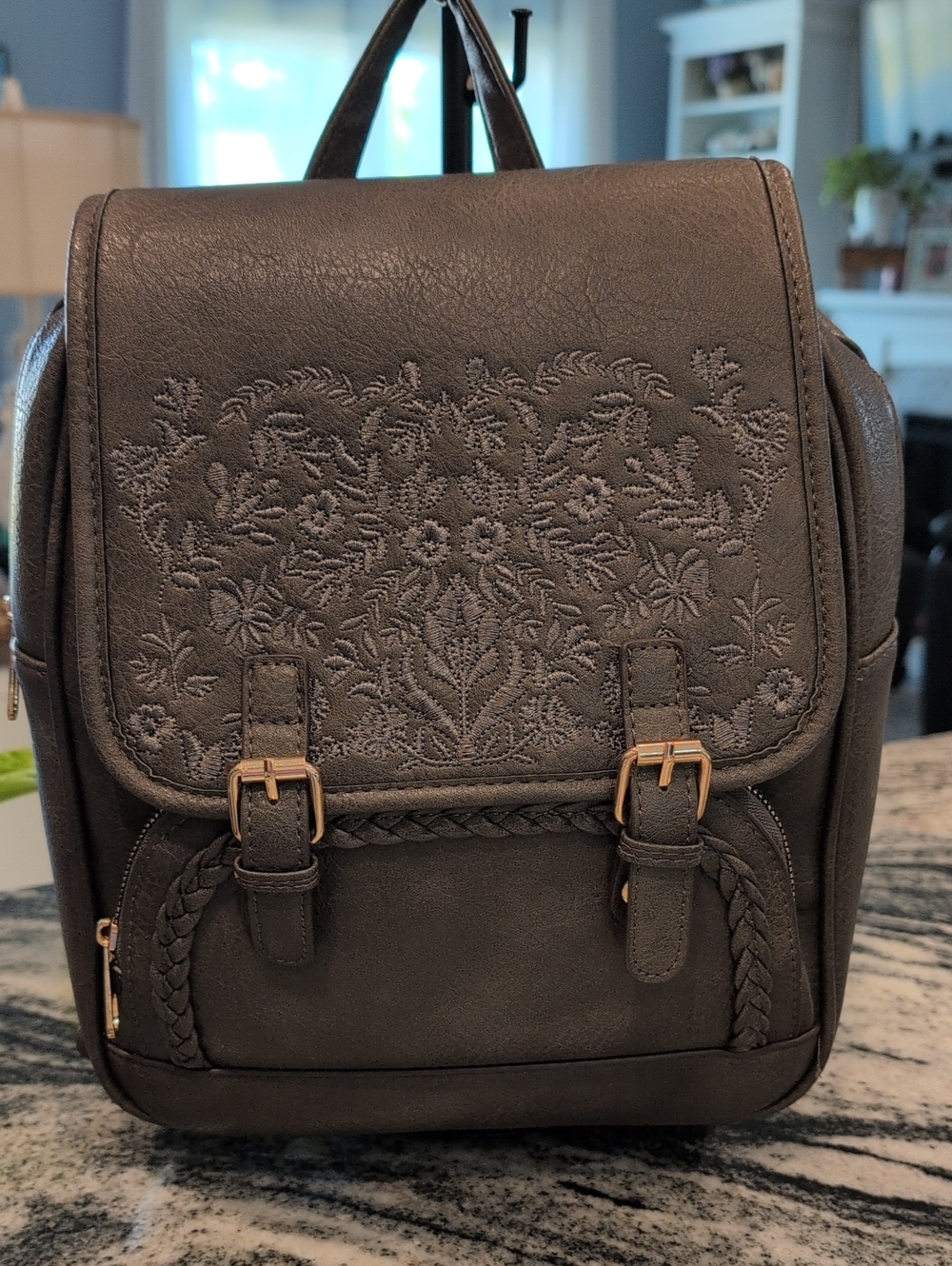 Embroidered Faux Leather Backpack - Taupe